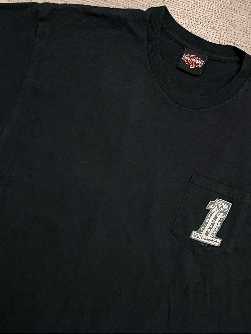 Harley-Davidson Riverside Black Short Sleeve Pocket Tee with Number 1 Patch